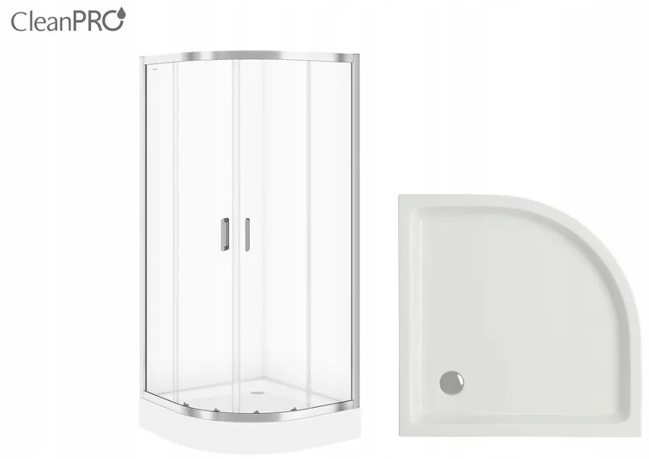 Cersanit Arteco, štvrťkruhový sprchový kút 90x90x190 cm, 5mm číre sklo, chrómový profil + sprchová vanička Tako, S601-114