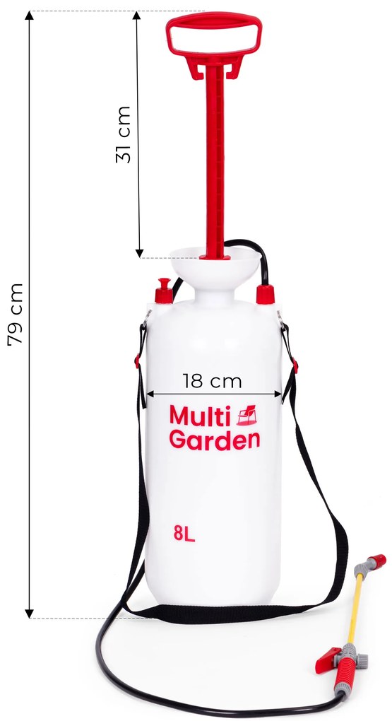 MultiGarden Tlakový postrekovač 8 l záhradný, ručný 2,2-2,5 bar dlhé piestové čerpadlo MultiGarden