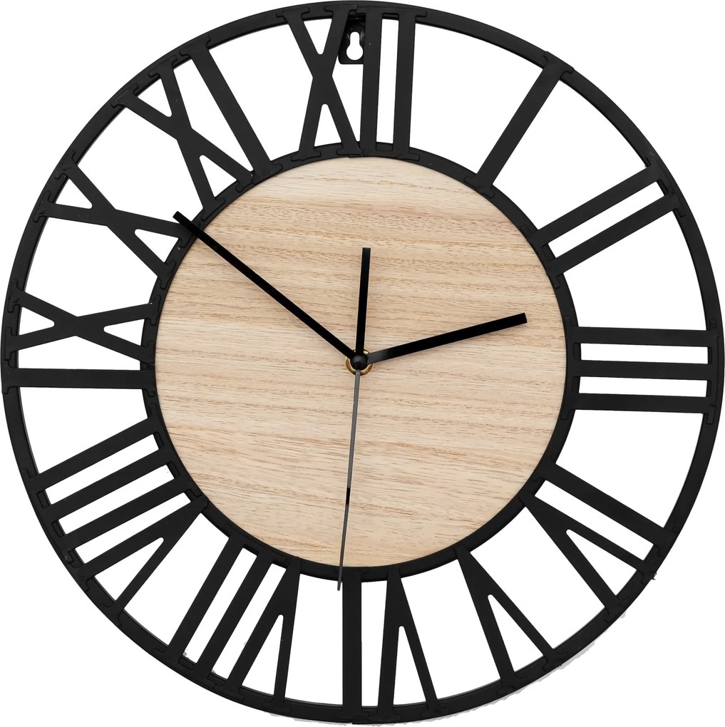 DomTextilu Moderné kovové nástenné hodiny s dreveným stredom 24620