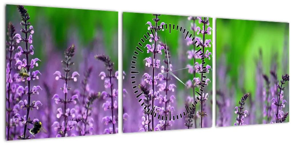 Obraz fialových lúčnych kvetov (s hodinami) (90x30 cm)