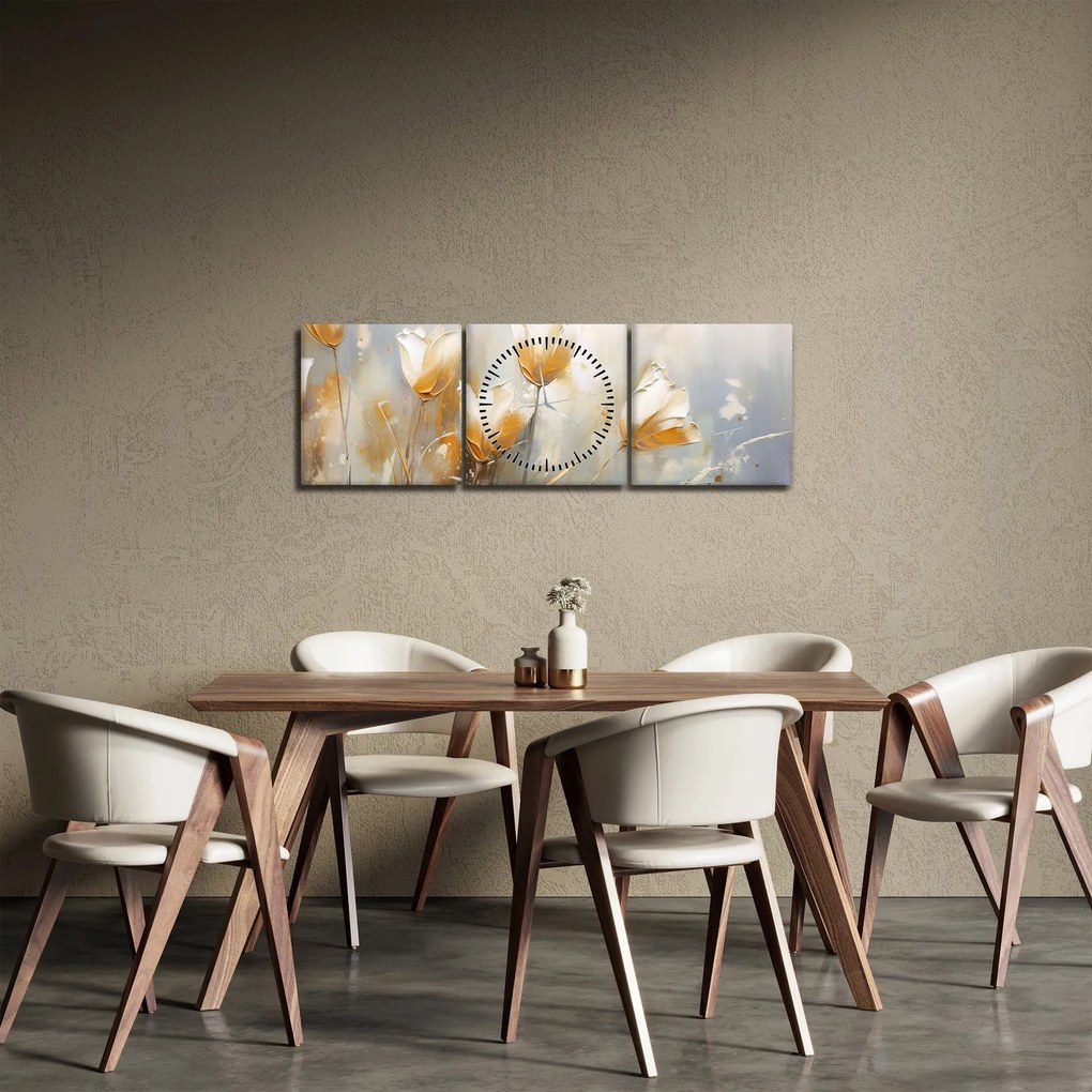 Obraz - Maľba tulipánov (s hodinami) (90x30 cm)