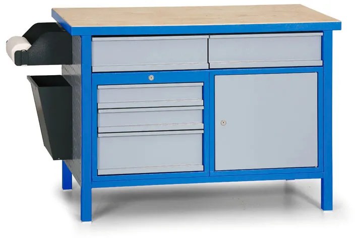 Dielenský pracovný stôl GD, 5 zásuviek, smrek + buková preglejka, 5 zásuviek, 1 skrinka, 1190 x 600 x 850 mm, modrá / sivá