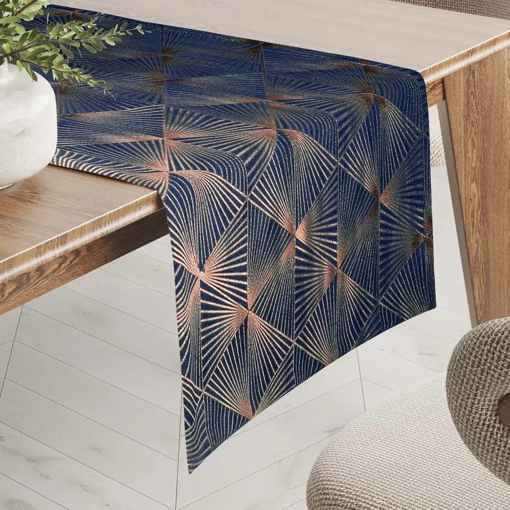 Biante Zamatový behúň na stôl Isabela IBL-011 Rose Gold trojuholníky na kráľovsky modrom 20x140 cm