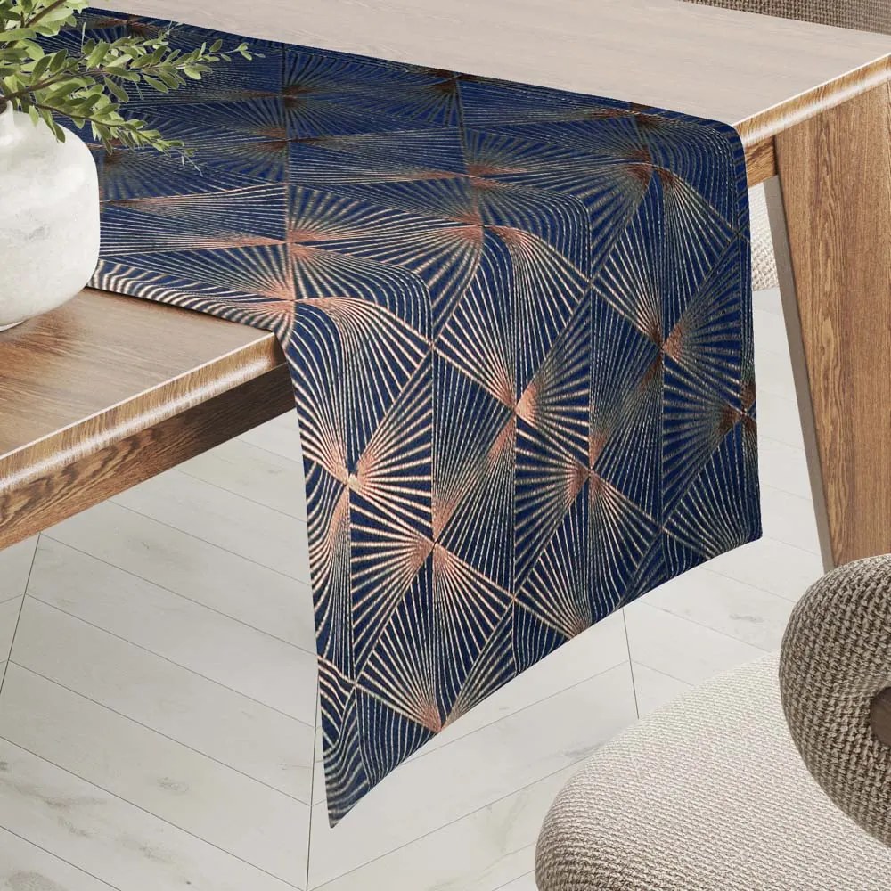 Biante Zamatový behúň na stôl Isabela IBL-011 Rose Gold trojuholníky na kráľovsky modrom 45x180 cm