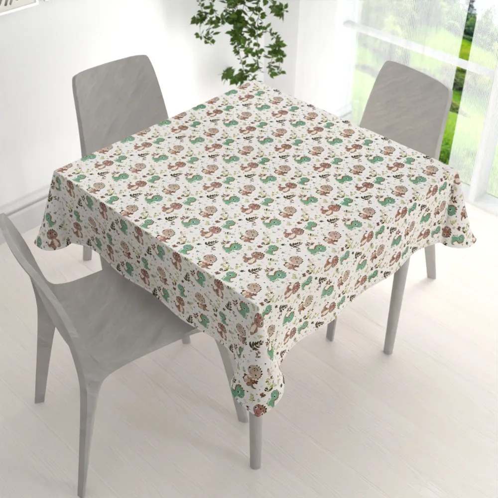 Biante Detský bavlnený štvorcový obrus Sandra SA-657 Zeleno-hnedé dinosaury na bielom 70x70 cm