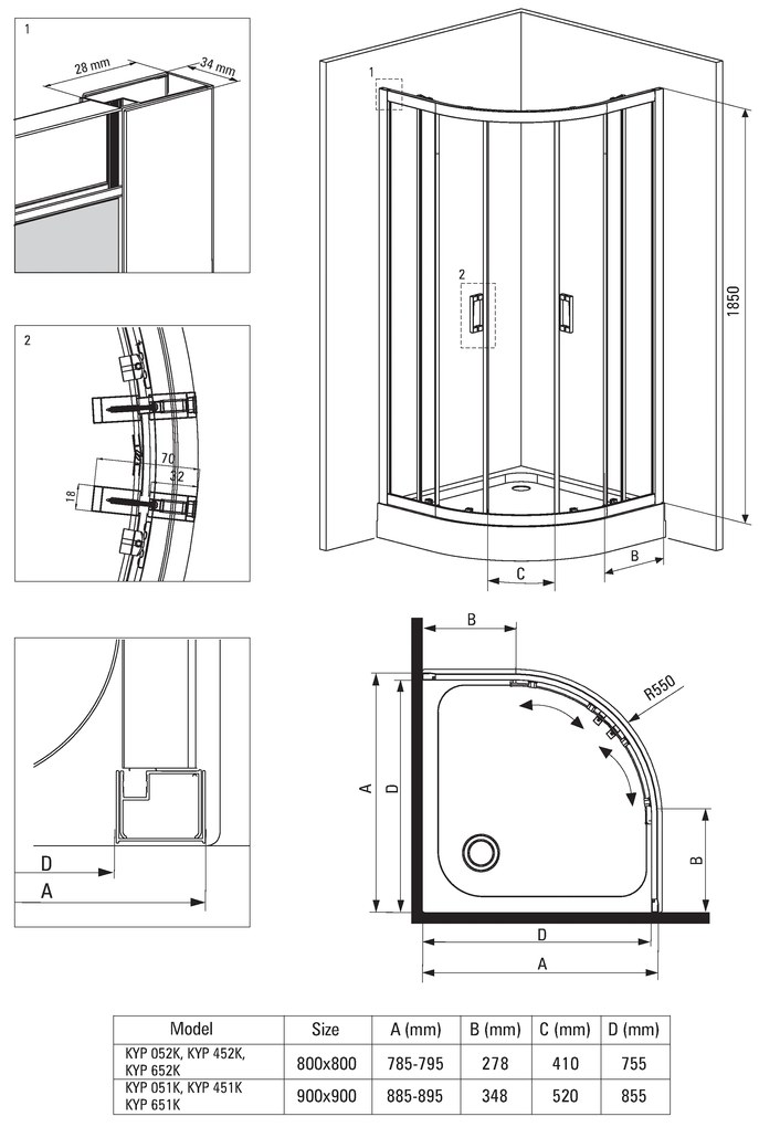 Deante Funkia, štvrťkruhový sprchový kút s posuvnými dverami 90x90 cm, výška 185cm, 5mm šedé sklo, chrómový profil, KYP_451K