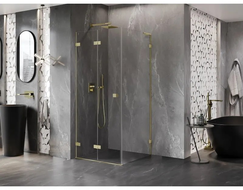 Mexen Lunar-F L, skladací sprchový kút ľavý 90 x 90 cm, 8mm číre sklo, zlatý matný profil, 836L-090-090-55-00-L