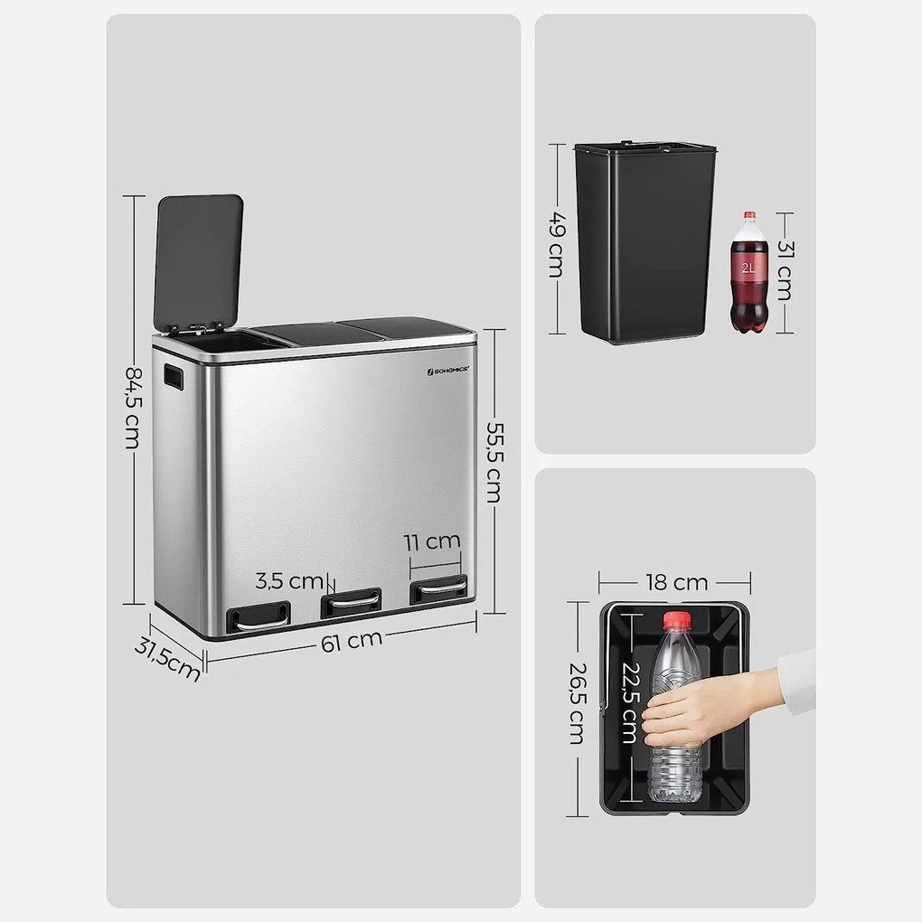 Odpadkový kôš, kôš na separovaný odpad, 54 litrov 3 x 18 L, strieborný