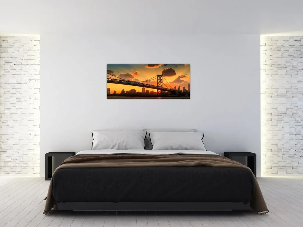 Obraz - Západ slnka nad mostom Bena Franklina, Filadelfia (120x50 cm)