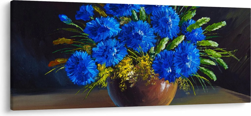 Obraz modrých kvetov vo váze (120x50 cm)