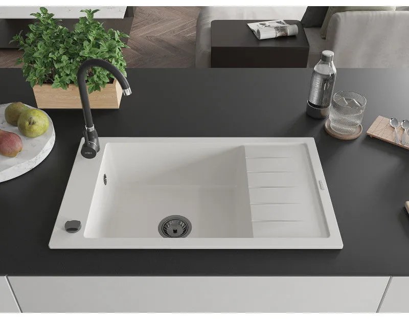 Mexen Elias, granitový drez granitový 795x480x200 mm, 1-komorový, biela s čiernym sifónom, 6511791005-20-B