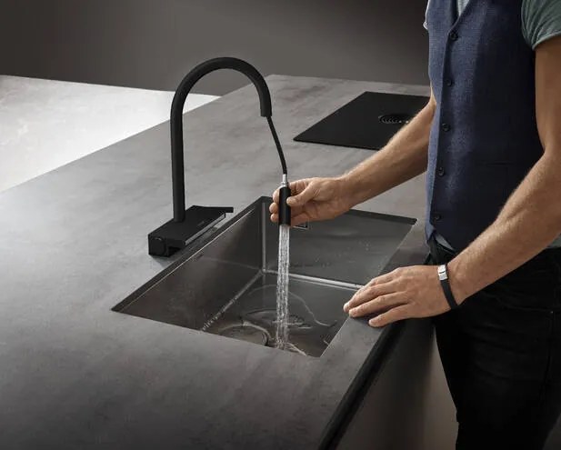 Hansgrohe Aquno Select M81, páková kuchynská batéria 170, vyťahovateľná sprška, 3jet, sBox, čierna matná, HAN-73831670