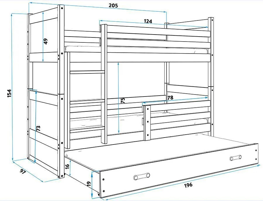 Poschodová posteľ s prístelkou RICO 3 - 200x90cm - Borovica - Biely