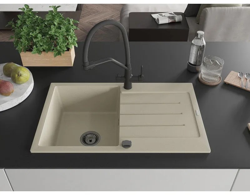 Mexen Bruno, 1-komorový granitový drez 795x495x200 mm a drezová batéria Duo, béžová, 6513-69-671701-70-B