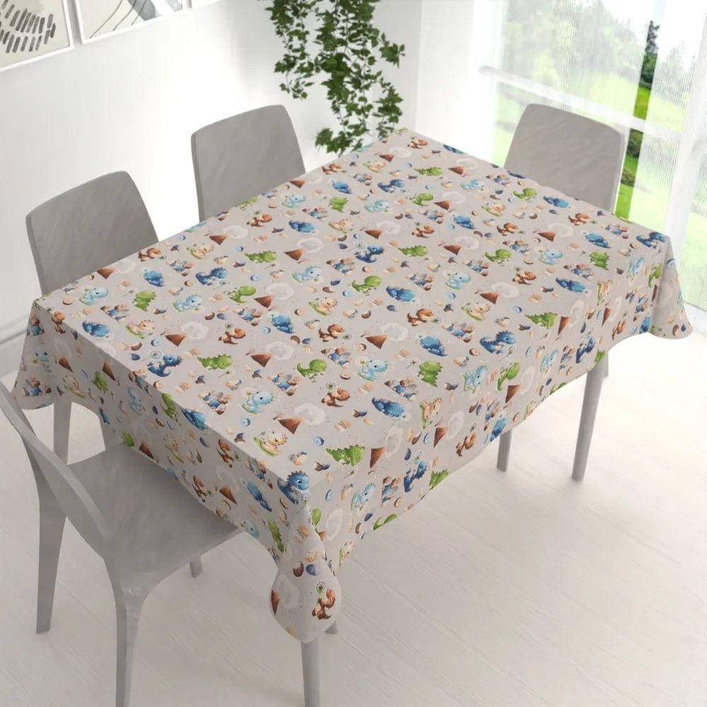 Biante Detský bavlnený obdĺžnikový obrus Sandra SA-656 Modro-zeleno-hnedé dinosaury na svetlo sivom 120x140 cm