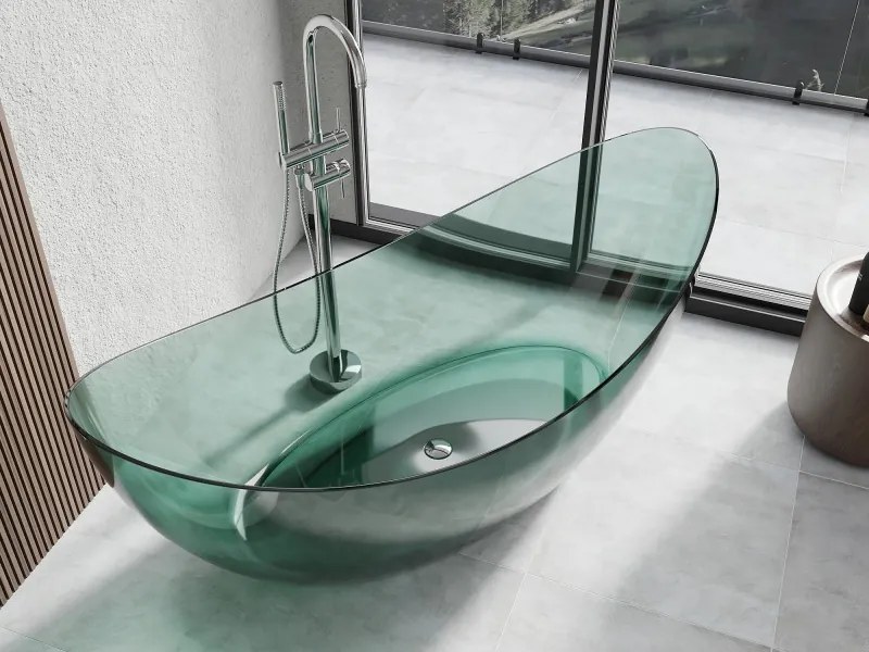 Mexen Vea, voľne stojaca vaňa transparentná 180×80 cm, zelená, sifón chróm, 58091808011