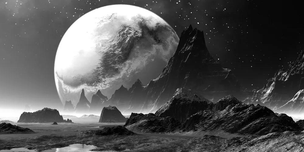 Obraz tajomná fantasy planéta v čiernobielom prevedení