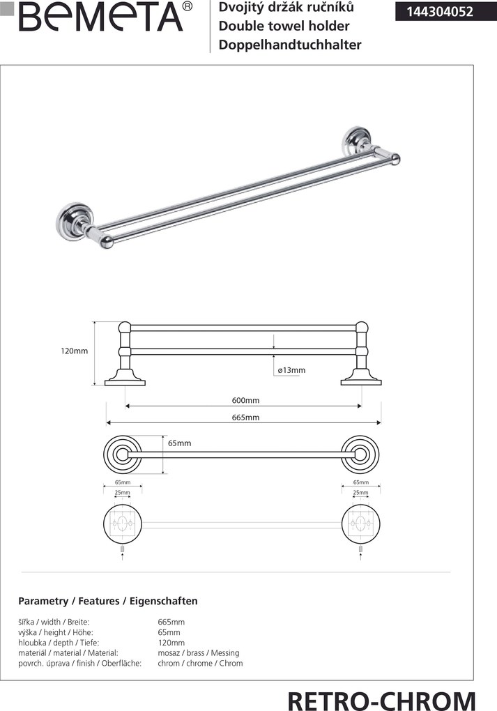 Bemeta Design RETRO chróm: Držiak uterákov, 600 mm, dvojitý - 144304052