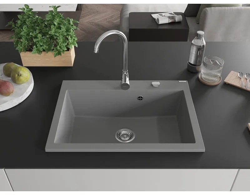 Mexen Elix, 1-korový granitový drez 700 x 500 mm, šedá, chrómový sifón, 6526701005-71