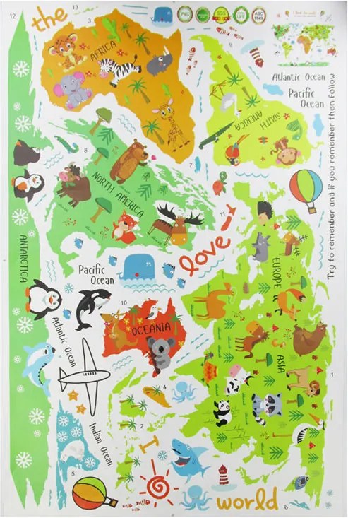 Samolepka na stenu "Farebná Mapa Sveta" 88x110 cm
