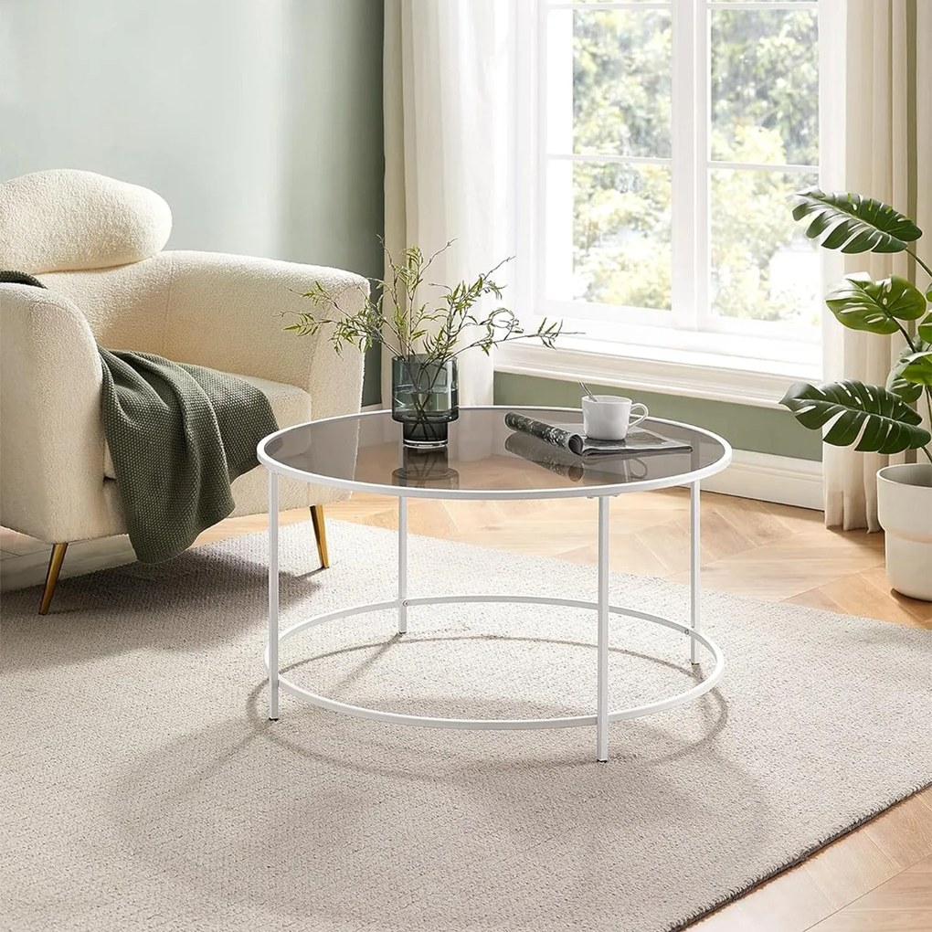 Okrúhly konferenčný stolík, stolík s oceľovým rámom, biela a sivá farba