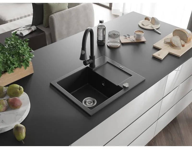 Mexen Enzo, 1-komorový granitový drez 576x465x174 mm a drezová batéria Elia, čierna, 65066506-77-670101-70
