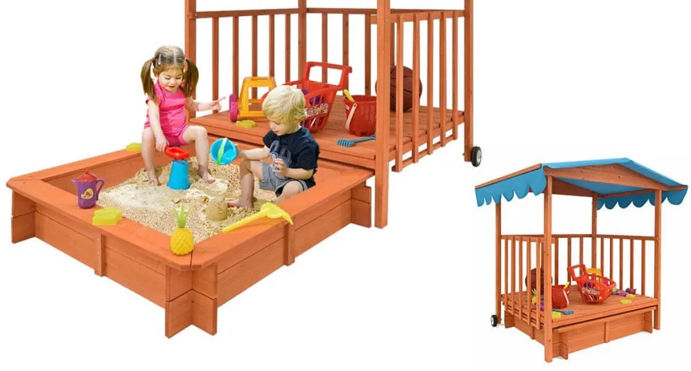 Drevený záhradný domček a pieskovisko so strechou
