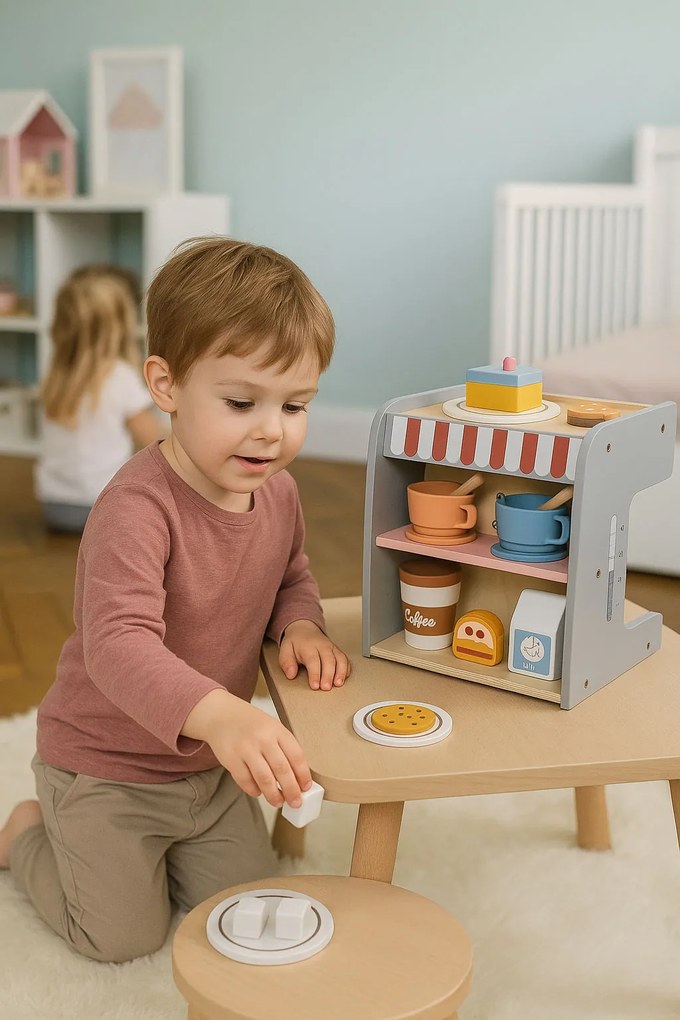 Drevený kávovar pre deti 2 v 1, 26 príslušenstva, ECOTOYS