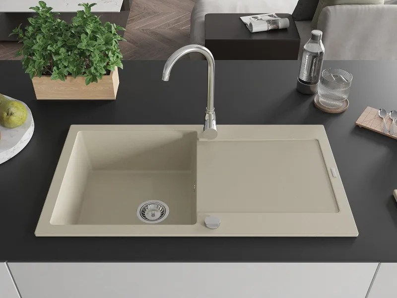 Mexen Leo granitový drez 1-komorový s odkvapkávačom 900 x 500 mm, béžový, sifón chróm - 6501901010-69