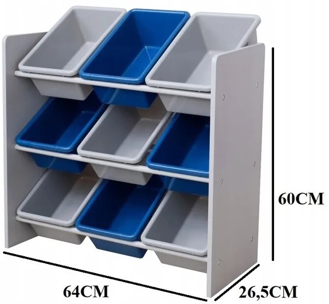 Detský regál na hračky s 9 plastovými boxmi - modro-sivý