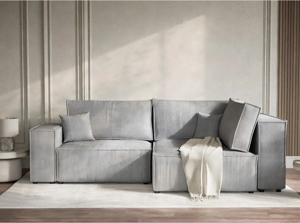 Sivá menčestrová rozkladacia/s úložným priestorom rohová pohovka (pravý roh/do L) Tonga – Maison de Rêve