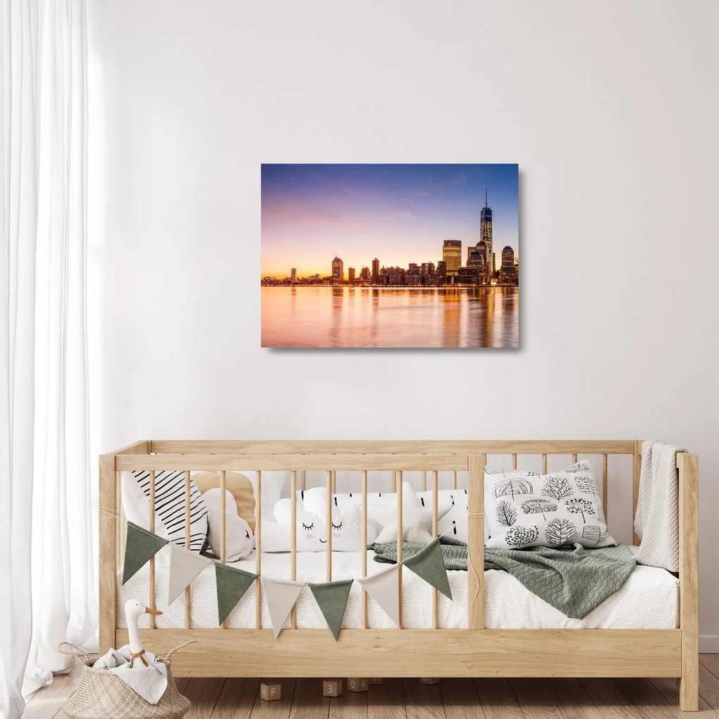 Sklenený obraz mesta pri západe slnka (70x50 cm)