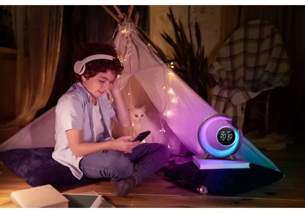 Immax 08985L-LED RGBW stmievateľná stolná lampa s budíkom LED/20W/5V USB striebo