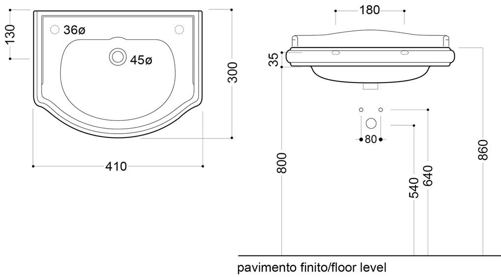 Kerasan, RETRO keramické umývadlo 41x30cm, otvor pre batériu vpravo, bez prepadu, biela, 103301DX