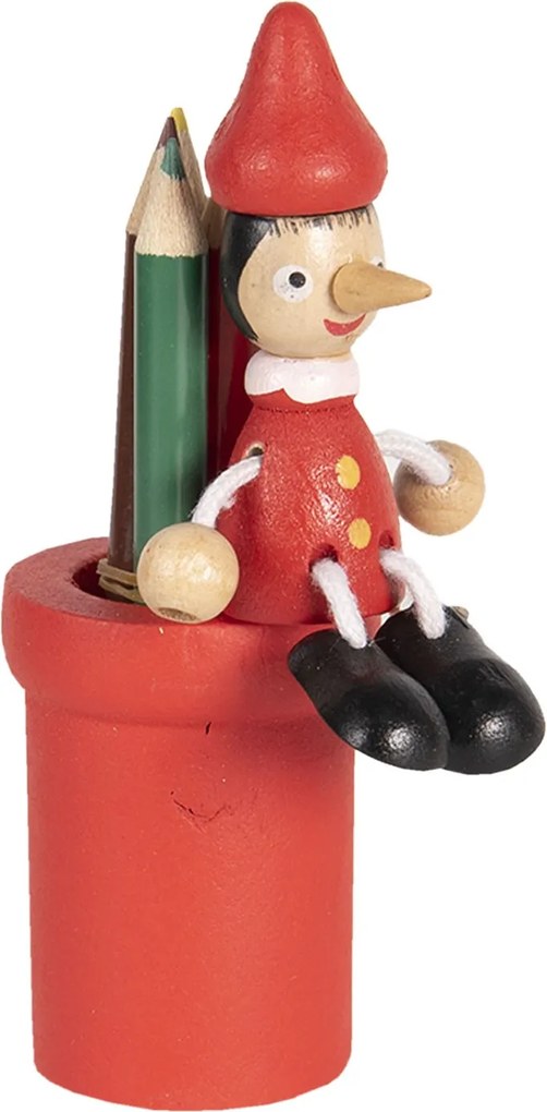 Červený drevený stojan s pastelkami a Pinocchiom - 11 cm