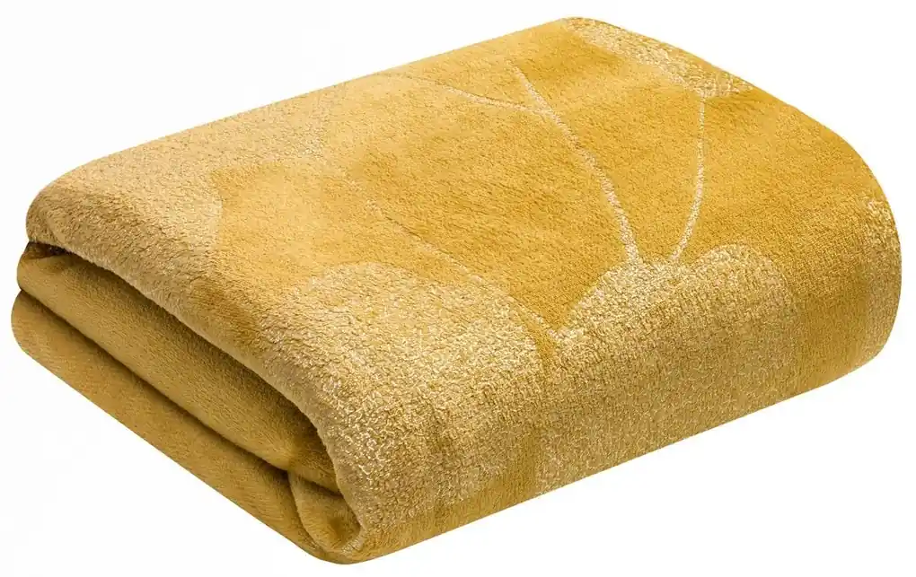 Medovo žltá teplá deka so zlatým vzorom lístia 150 x 200 cm | BIANO