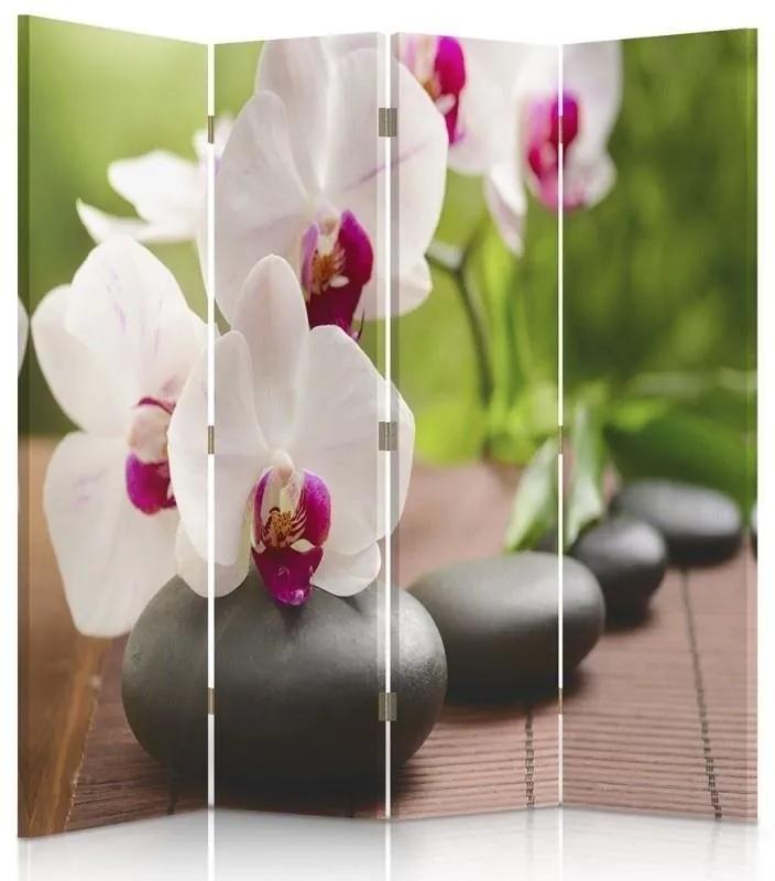 Ozdobný paraván, Orchidej a lesklé kameny - 145x170 cm, štvordielny, obojstranný paraván 360°