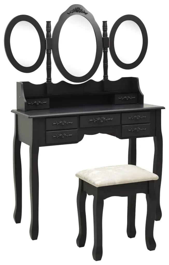 Toaletný stolík so stoličkou a 3-dielnym zrkadlom čierny