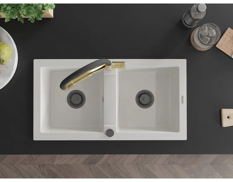 Mexen Mario, granitový drez 820x436x161 mm, 2-komorový a drezová batéria Duo, biela, 6504-20-671701-57-B