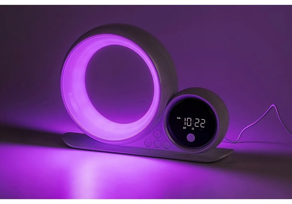 Rabalux 76109 dekoratívna stolná lampa Wakeway, s reproduktorom, RGB, hodinami a budíkom