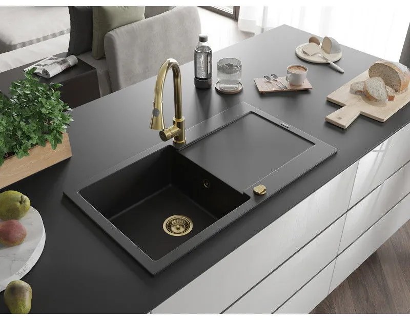 Mexen Leo, 1-komorový granitový drez 900x500x190 mm a drezová batéria Elia, čierna, 6501-77-670101-50