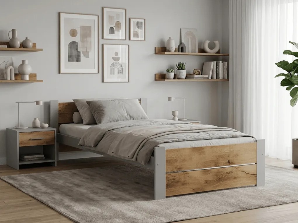 Posteľ IKAROS DOUBLE 90 x 200 cm, dub artisan/sivá Rošt: S latkovým roštom, Matrac: Matrac DELUXE 10 cm