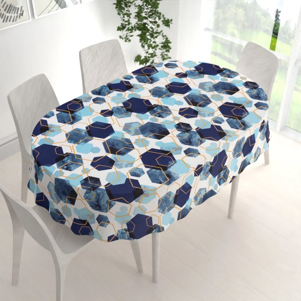 Biante Bavlnený oválny obrus Sandra SA-574 Modré hexagóny na bielom 140x180 cm