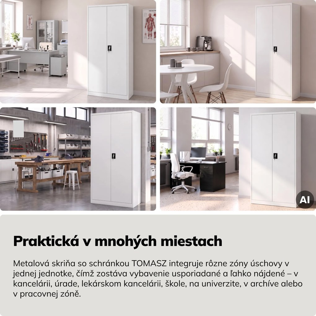 Kovová skriňa na dokumenty s vnútornou priehradkou, biela, 900x1850x450 mm: TOMASZ