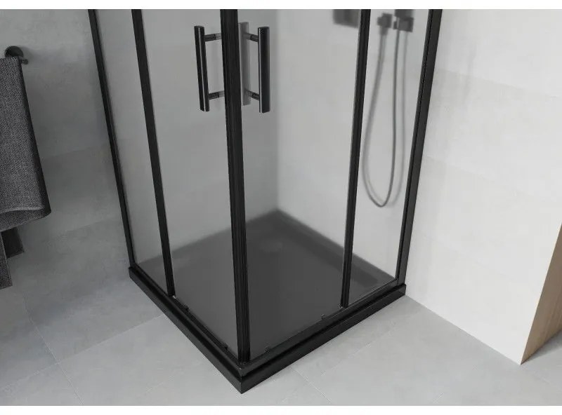 Mexen Rio, štvorcový sprchovací kút s posuvnými dverami 80(dvere) x 80(dvere) x 190 cm, 6mm sklo námraza, čierny profil + čierna sprchová vanička SLIM, 860-080-080-70-30-4070B