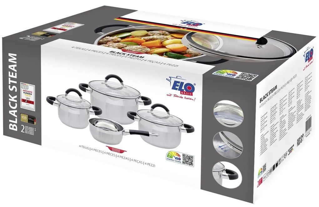 Elo 50904 Basic 4-dielna súprava nehrdzavejúcich hrncov Black Steam