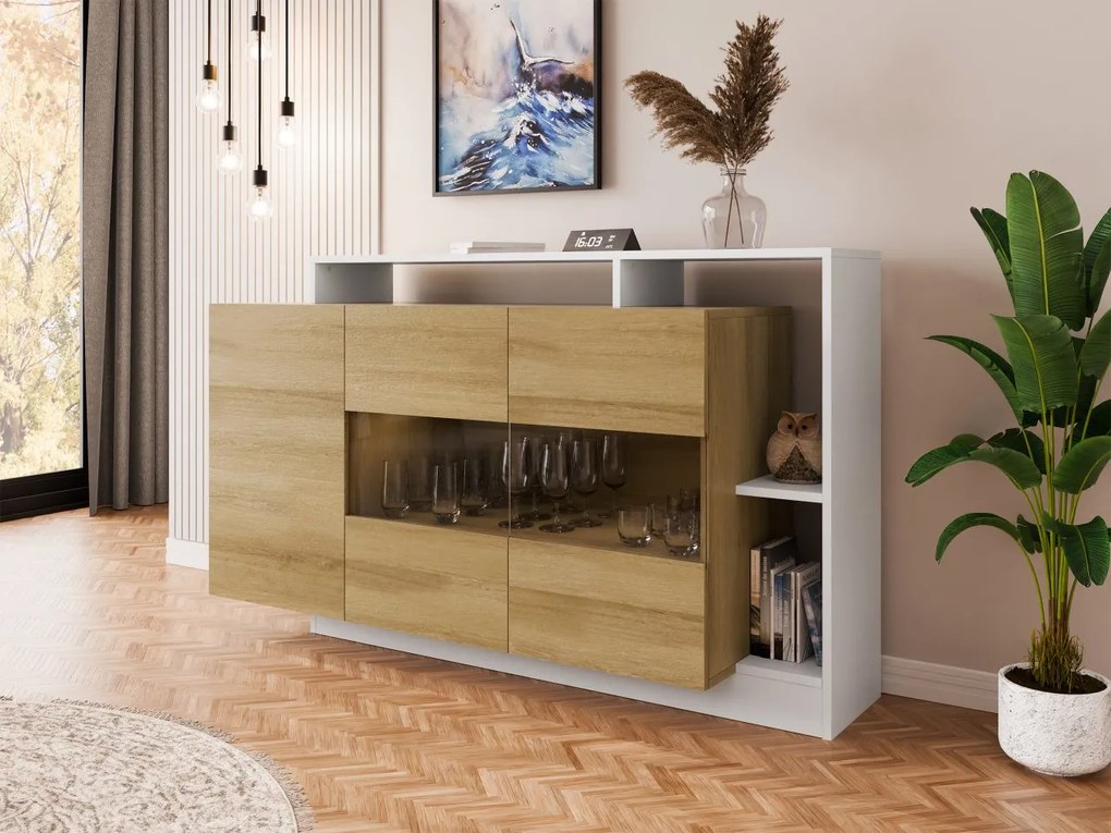 Komoda Tauron, Farby: biela / dub grande, Osvetlenie: osvetlenie LED RGB - farebné