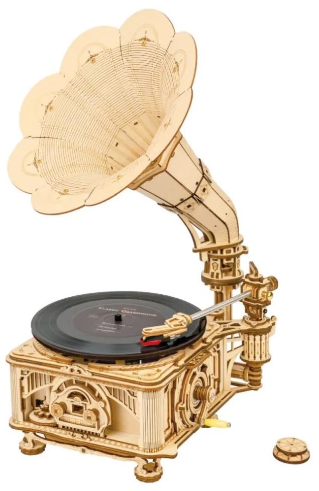 RoboTime - 3D drevenené mechanické puzzle Gramofón (elektrický pohon)