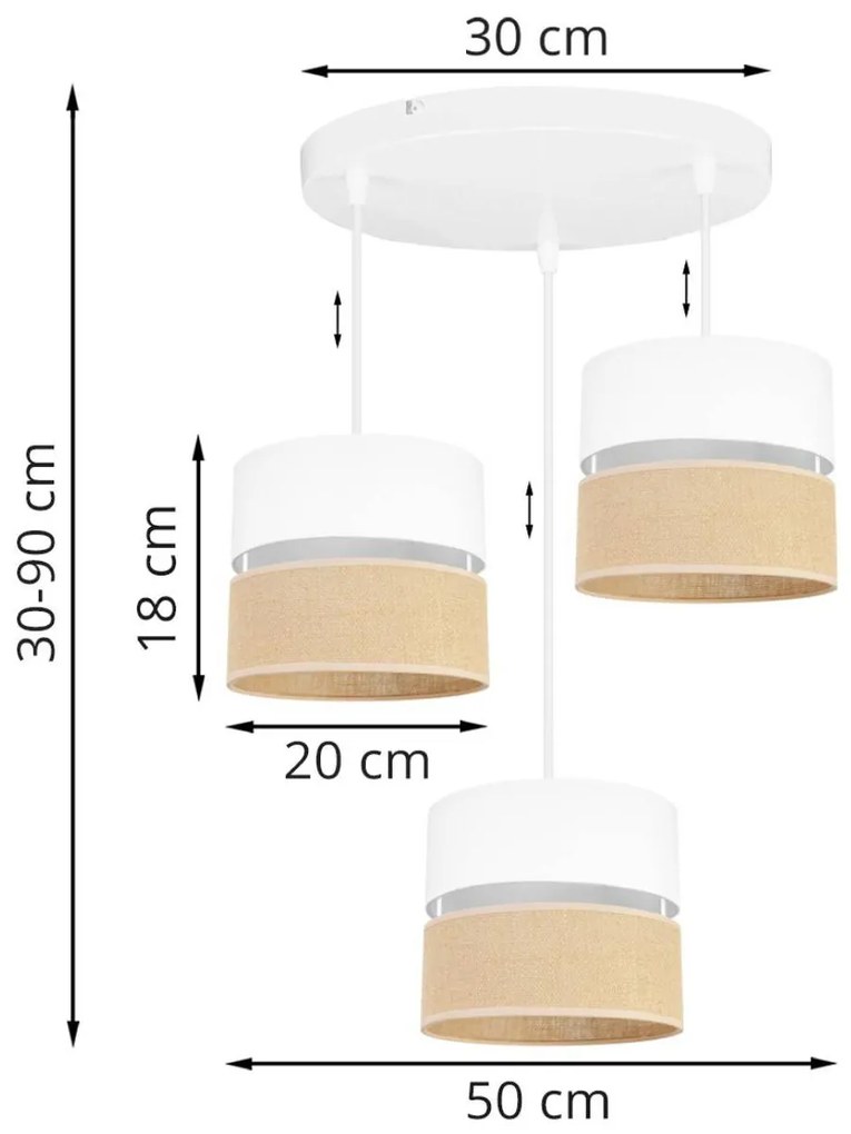 Závesné svietidlo Juta, 3x jutové/biele textilné tienidlo, o, w