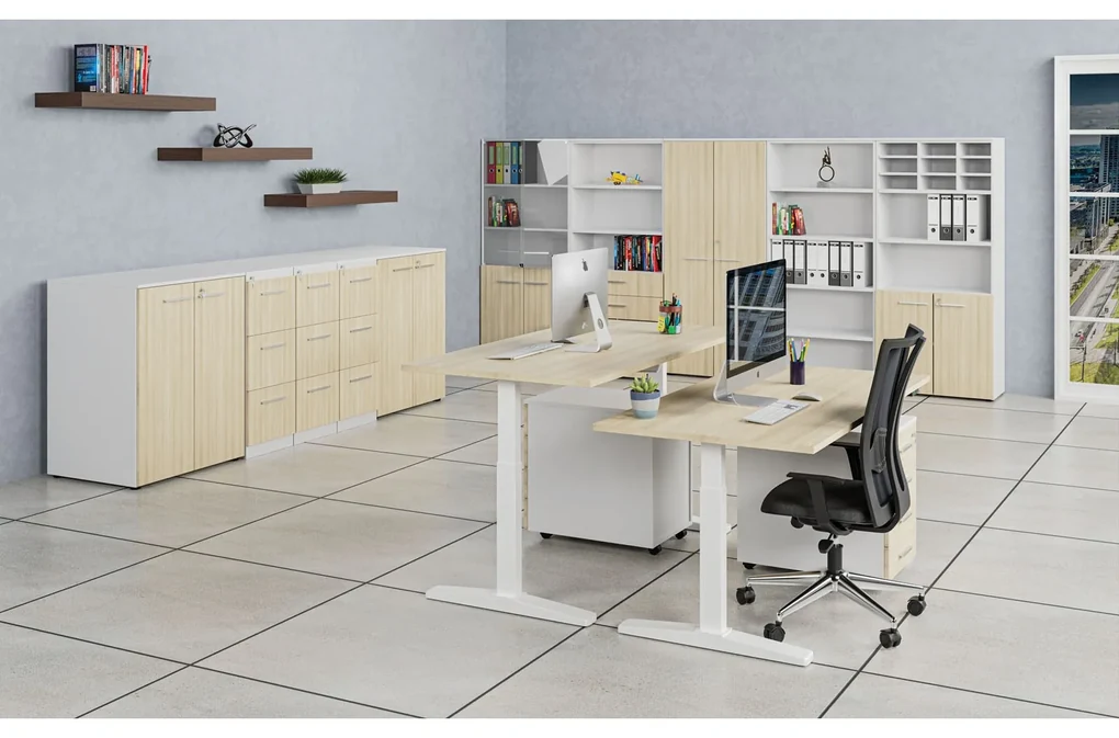 Kancelárska skriňa so zasúvacími dverami PRIMO WHITE, 800 x 420 x 1087 mm, biela/dub prírodná